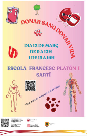 Donar sang donar vida! L'Escola Francesc Platón i Sartí d'Abrera organitza una nova campanya de donació de sang el proper dijous 12 de març. Veniu a donar sang!