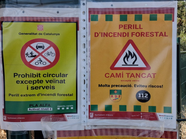 Actualització:13.45H - Tanquem els accessos als espais naturals d'Abrera per l'activació del nivell 4 del Pla Alfa davant el risc extrem d'incendi forestal