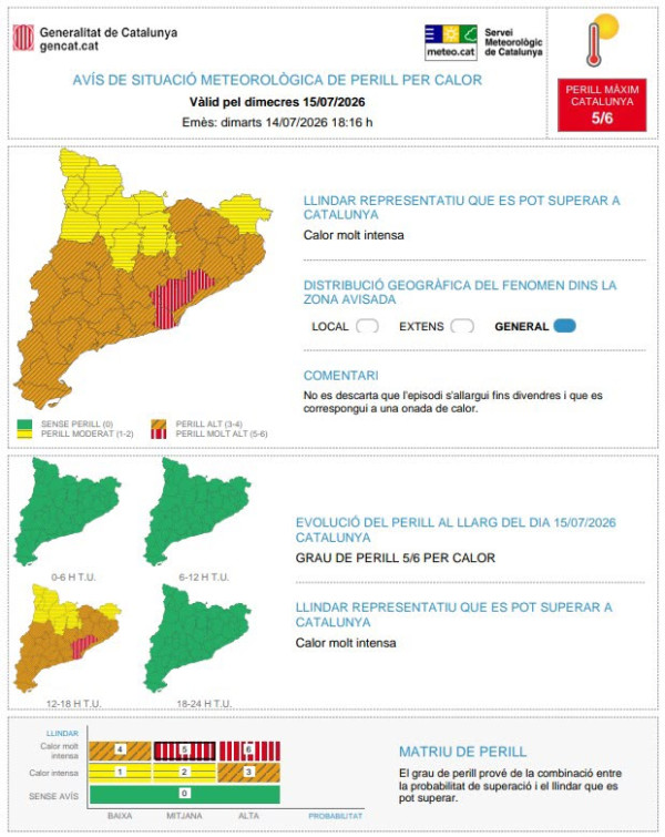 Avís calor dimecres 15 de juliol de 2026