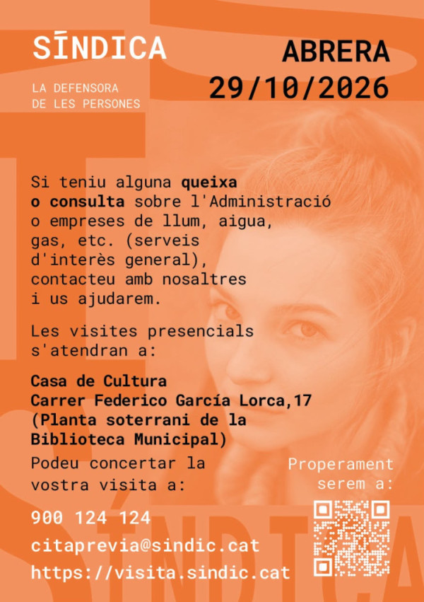 L'equip del Síndic de Greuges de Catalunya atendrà consultes a la Casa de Cultura el proper dijous 29 d'octubre de 2026