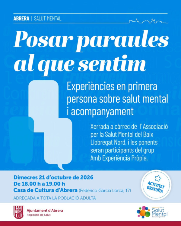 Posem en valor el benestar emocional de les persones per commemorar el Dia Mundial de la Salut Mental. Xerrada dimecres 21 d'octubre de 2026