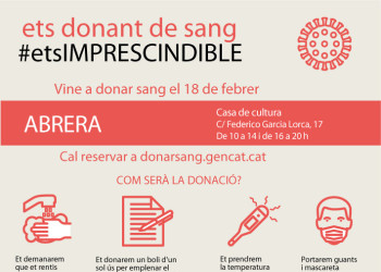 Ets donant de sang, #etsIMPRESCINDIBLE! El proper dijous 18 de febrer podràs donar sang a la Casa de Cultura