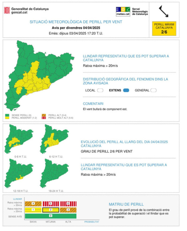 Avís per fort vent pel divendres 4 d'abril de 2025