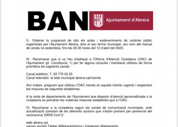 DILLUNS 30 DE MARÇ. Ban d'Alcaldia amb les mesures adoptades des de l'Ajuntament en relació a la prevenció del coronavirus