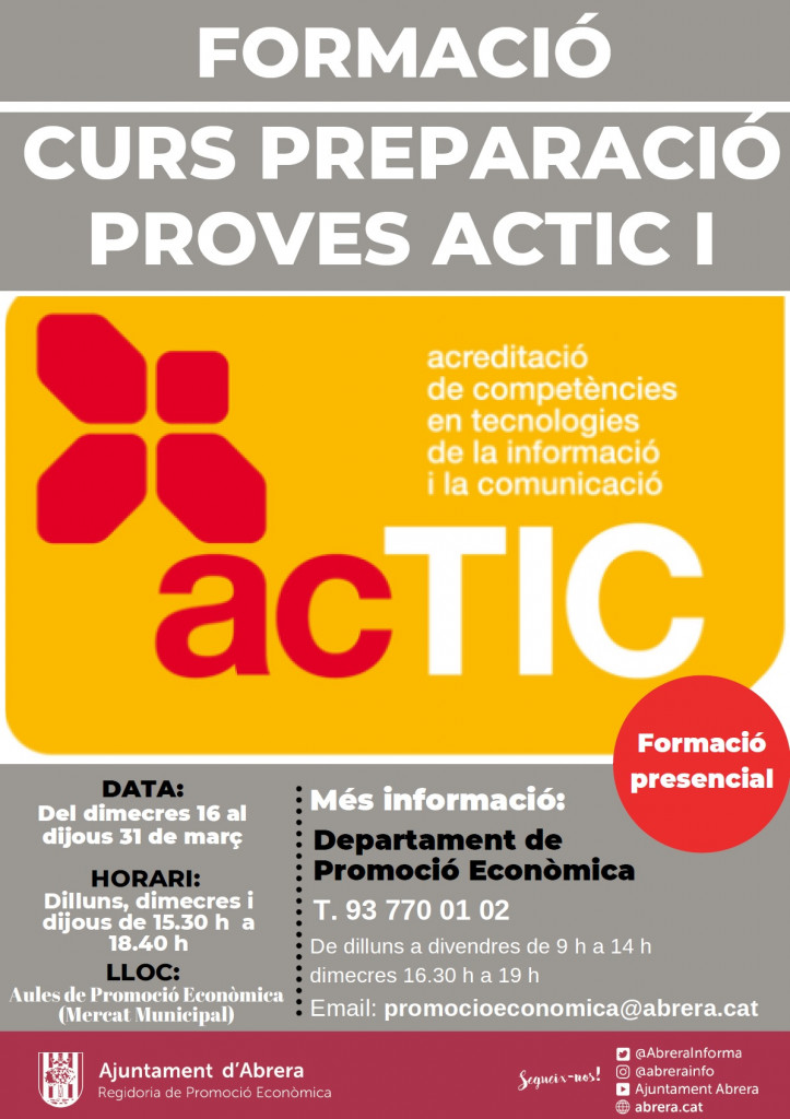 Cartell Curs preparació proves ACTIC I - Inici 16 de març de 2022