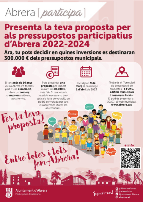 Abrera participa! El proper dijous 9 de març comença el període de presentació de propostes per als Pressupostos Participatius 2022-2024