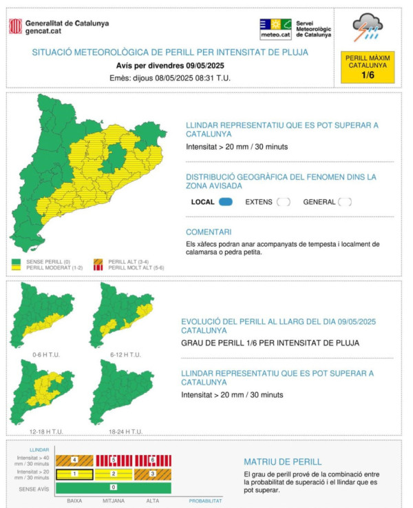 Avís de meteocat. Previsió de pluges divendres 9 de maig de 2025