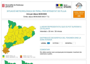 Avís de meteocat, pluges intenses pel dijous 8 de maig de 2025