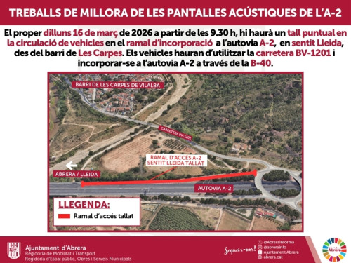Tall puntual del ramal d’incorporació a l’autovia A-2 en sentit Lleida, des del barri de Les Carpes d’Abrera, per treballs de millora de les pantalles acústiques, aquest proper dilluns 16 de març