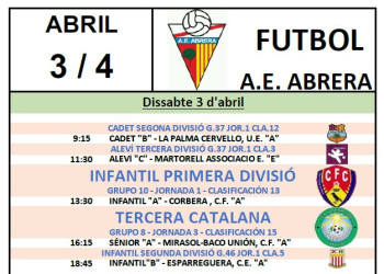 Partits que l'AE Abrera juga a casa dissabte 3 i diumenge 4 d'abril de 2021