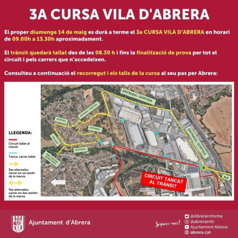 L'Ajuntament d'Abrera col·labora amb l'Abrera Club Ciclista en l'organització de la 3a Cursa Vila d'Abrera que es celebrarà el proper diumenge 14 de maig al matí